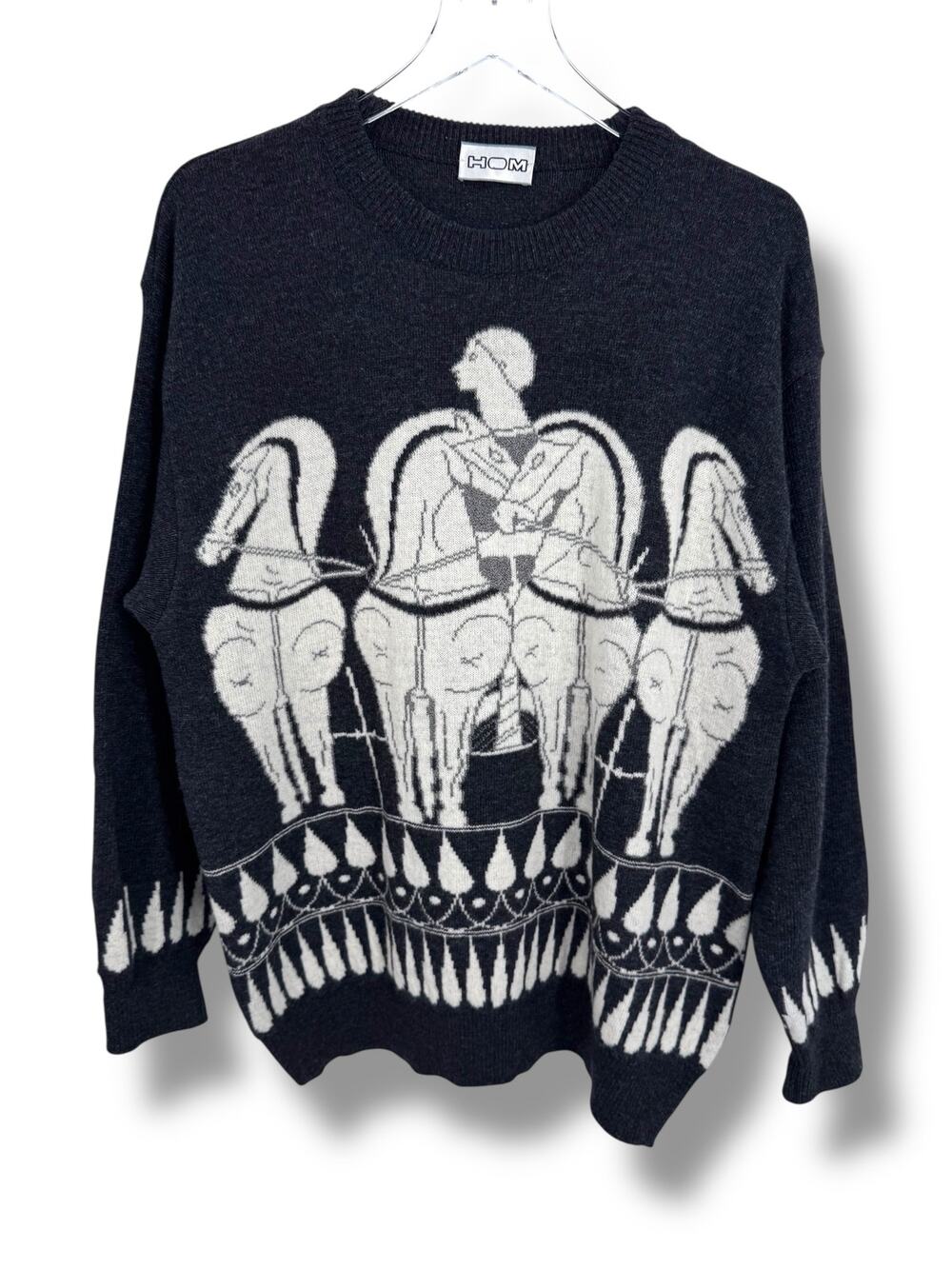 HOM sweater XL lambswool crew pullover equestrian horse chariot Italy gray white